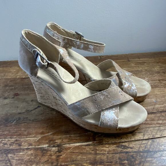 TOMS Strappy Canvas Cork Wedge Heel Cuff Platform Sandals‎ Crisscross - Picture 1 of 7